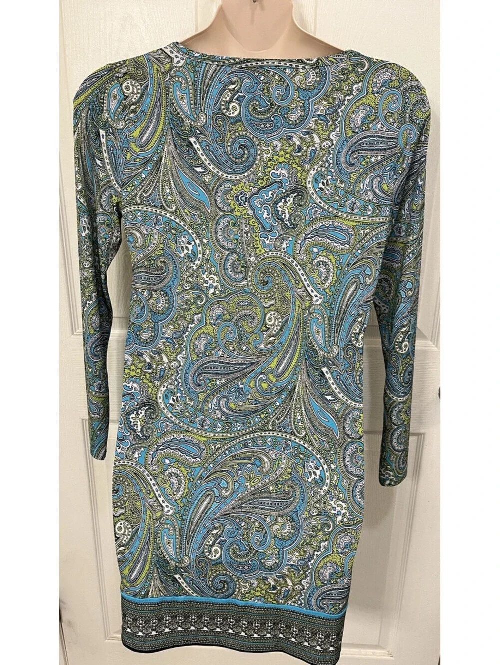 Michael Kors Turquoise & Green Paisley Dress Size L Long Sleeve Stretch
